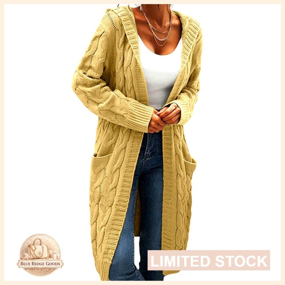 Hooded Open Front Cardigan Cable Knit Sweater Chunky Long Sweater Coat